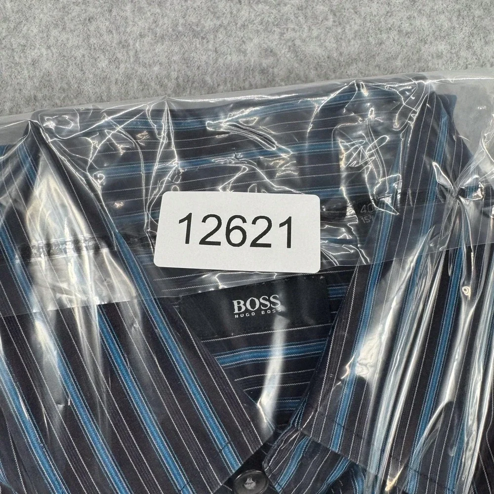 BOSS Hugo Boss Shirt Mens 16 40 Black Blue Stripe Regular‎ Fit Dress Cotton